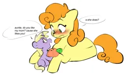 Size: 5156x3059 | Tagged: safe, artist:chub-wub, derpibooru import, carrot top, dinky hooves, golden harvest, earth pony, pony, unicorn, g4, blank flank, blushing, carrot, cute, dialogue, duo, female, filly, flustered, foal, food, horn, image, implied derpy, implied derpytop, implied lesbian, implied shipping, jpeg, lying down, mare, open mouth, plushie, prone, simple background, sitting, speech bubble, white background