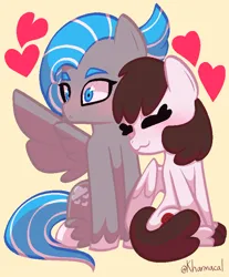 Size: 696x840 | Tagged: safe, artist:kharmacal, derpibooru import, oc, oc:chocolate heart, oc:cloudy kisses, unofficial characters only, pegasus, pony, :3, :<, colored lineart, duo, female, heart, image, lesbian, png, shading, two toned hair, unshorn fetlocks, younger