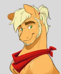 Size: 3007x3661 | Tagged: safe, artist:chub-wub, derpibooru import, applejack, earth pony, pony, g4, alternate hairstyle, applejack (male), bandana, beard, blue background, facial hair, freckles, image, jpeg, male, ponytail, rule 63, simple background, solo, stallion