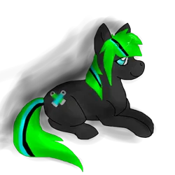 Size: 1000x1000 | Tagged: safe, artist:softfur, derpibooru import, oc, oc:tekkno, unofficial characters only, earth pony, pony, black coat, earth pony oc, green mane, green tail, image, multicolored mane, multicolored tail, png, side view, simple background, solo, tail, transparent background