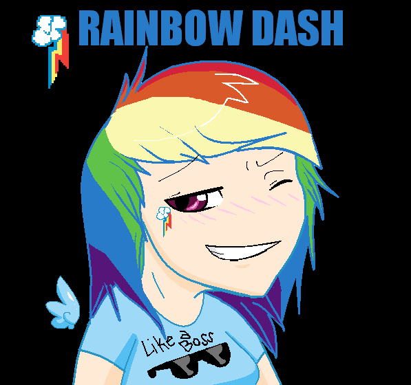 Size: 597x560 | Tagged: safe, artist:softfur, derpibooru import, rainbow dash, human, alternative cutie mark placement, black background, breasts, clothes, facial cutie mark, female, floating wings, grin, humanized, image, like a boss, multicolored hair, name, one eye closed, png, rainbow hair, shirt, simple background, smiling, solo, teeth, text on clothing, text on shirt, wings