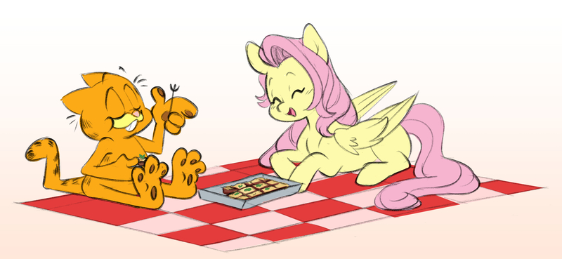 Size: 5373x2479 | Tagged: safe, artist:chub-wub, derpibooru import, fluttershy, cat, pegasus, pony, g4, crossover, cute, duo, eating, eyes closed, female, folded wings, food, fork, garfield, garfield (character), grin, image, jpeg, lasagna, lying down, male, mare, missing cutie mark, open mouth, open smile, pasta, picnic, picnic blanket, prone, shyabetes, simple background, smiling, white background, wings