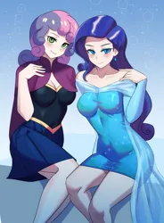 Size: 2950x4000 | Tagged: safe, artist:tzc, derpibooru import, rarity, sweetie belle, human, g4, anna, blushing, breasts, busty rarity, busty sweetie belle, cleavage, clothes, cosplay, costume, duo, elsa, eyeshadow, female, frozen (movie), humanized, image, looking at you, makeup, midriff, older, older sweetie belle, png, siblings, sisters, sitting, smiling, smiling at you