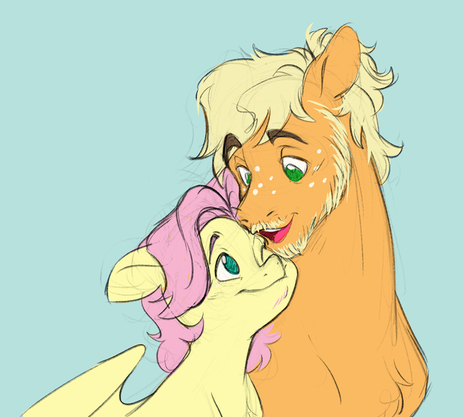 Size: 2953x2647 | Tagged: safe, artist:chub-wub, derpibooru import, applejack, fluttershy, earth pony, pegasus, pony, g4, alternate hairstyle, beard, blue background, cute, duo, duo male, facial hair, freckles, gay, image, jackabetes, jpeg, looking at each other, looking at someone, male, moustache, nuzzling, one eye closed, open mouth, ship:appleshy, shipping, shyabetes, simple background, size difference, t4t, trans fluttershy, trans male, transgender, wink