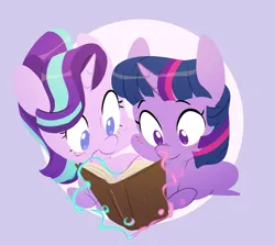 Size: 3249x2893 | Tagged: safe, artist:chub-wub, derpibooru import, starlight glimmer, twilight sparkle, pony, unicorn, g4, blushing, book, chibi, cute, duo, duo female, female, glimmerbetes, glow, glowing horn, horn, image, jpeg, lesbian, levitation, magic, mare, open mouth, reading, ship:twistarlight, shipping, telekinesis, twiabetes, twistarlight, unicorn twilight