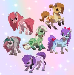 Size: 6414x6459 | Tagged: safe, artist:mandrawsdog, derpibooru import, blossom, blue belle, butterscotch (g1), cotton candy (g1), minty (g1), snuzzle, earth pony, pony, g1, absurd file size, absurd resolution, female, gradient background, image, mare, original six, png