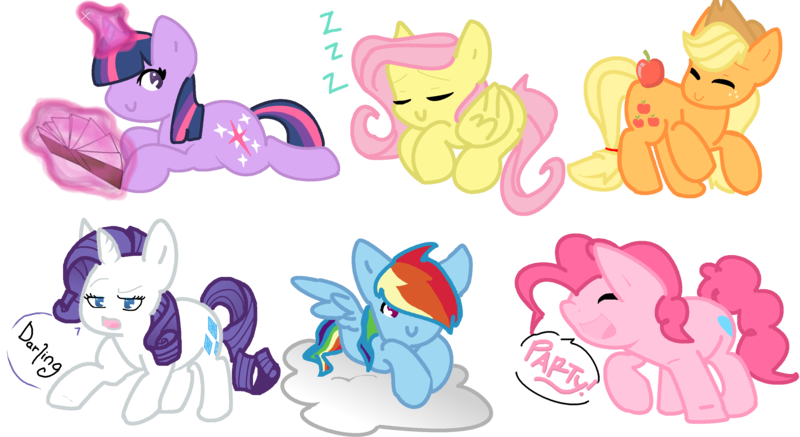 Size: 3222x1761 | Tagged: safe, artist:softfur, derpibooru import, applejack, derpy hooves, fluttershy, pinkie pie, rainbow dash, rarity, twilight sparkle, earth pony, pegasus, pony, unicorn, g4, 2012, apple, book, cloud, cute, dashabetes, derpabetes, diapinkes, eyes closed, food, group, horn, image, jackabetes, magic, mane six, open mouth, open smile, png, raribetes, shyabetes, simple background, sleeping, smiling, transparent background, twiabetes