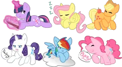 Size: 3222x1761 | Tagged: safe, artist:softfur, derpibooru import, applejack, derpy hooves, fluttershy, pinkie pie, rainbow dash, rarity, twilight sparkle, earth pony, pegasus, pony, unicorn, g4, 2012, apple, book, cloud, cute, dashabetes, derpabetes, diapinkes, eyes closed, food, group, horn, image, jackabetes, magic, mane six, open mouth, open smile, png, raribetes, shyabetes, simple background, sleeping, smiling, transparent background, twiabetes