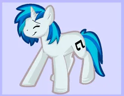 Size: 733x569 | Tagged: safe, artist:softfur, derpibooru import, vinyl scratch, pony, unicorn, g4, 2012, blue mane, blue tail, eyes closed, female, full body, horn, image, mare, png, purple background, simple background, smiling, solo, tail, white coat