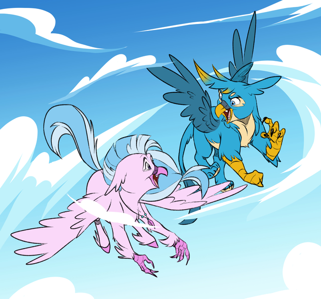 Size: 5209x4851 | Tagged: safe, artist:chub-wub, derpibooru import, gallus, silverstream, classical hippogriff, gryphon, hippogriff, g4, alternate design, beak, blue eyes, blue feathers, blue fur, blue sky, blue tail, blue wings, body fluff, claws, cloud, colored belly, colored claws, colored eyebrows, colored hooves, colored wings, day, duo, duo male and female, ear fluff, eye markings, feathered wings, female, flying, gradient background, hooves, image, jewelry, jpeg, leg fluff, leonine tail, looking at each other, looking at someone, male, necklace, open beak, open mouth, open smile, outdoors, pale belly, paws, pink feathers, profile, purple eyes, requested art, sharp teeth, sky background, smiling, smiling at each other, spread wings, tail, tail fluff, teenager, teeth, three quarter view, toothed beak, turned head, two toned hair, two toned tail, wings