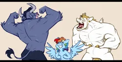 Size: 5322x2730 | Tagged: safe, artist:chub-wub, derpibooru import, bulk biceps, iron will, rainbow dash, minotaur, pegasus, pony, g4, alternate design, beige background, bipedal, blonde mane, blonde tail, blue coat, blue fur, colored hooves, colored horns, curved horns, derp, ear piercing, earring, elbow fluff, eye clipping through hair, eyebrows, eyebrows visible through hair, eyes closed, facial hair, female, flexing, grin, height difference, hooves, horns, image, jewelry, jpeg, male, mare, multicolored hair, multicolored mane, nose piercing, nose ring, open mouth, open smile, physique difference, piercing, rainbow hair, rear view, requested art, sideburns, simple background, size difference, smiling, spread wings, stallion, tail, teeth, tomboy, trio, unshorn fetlocks, white coat, wings, yellow eyes, yellow hooves