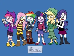 Size: 2048x1536 | Tagged: safe, artist:garybaldor, derpibooru import, applejack, fluttershy, pinkie pie, rainbow dash, rarity, twilight sparkle, human, equestria girls, g4, barbara gordon, batgirl, blue background, bumblebee (dc comics), burrito, clothes, cosplay, costume, crossover, dc comics, dc superhero girls, diana prince, eating, female, food, green lantern, image, jessica cruz, jpeg, kara danvers, kara zor-el, karen beecher, mane six, signature, simple background, supergirl, wonder woman, zatanna, zee zatara