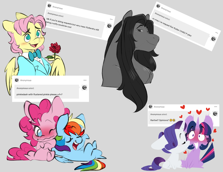 Size: 7800x6000 | Tagged: safe, artist:chub-wub, derpibooru import, fluttershy, pinkie pie, rainbow dash, rarity, twilight sparkle, earth pony, pegasus, pony, unicorn, g4, alternate hairstyle, ask, bangs, big ears, blue coat, blue eyes, blush lines, blushing, blushing profusely, bowtie, butterscotch, chad, chibi, clothes, crossed legs, curly mane, curly tail, eyebrows, eyebrows visible through hair, eyelashes, eyes closed, female, floating heart, floppy ears, flower, flustered, flutterguy, folded wings, gray background, hatching (technique), heart, hooves behind head, horn, image, jpeg, lesbian, long mane, looking at someone, mare, masculine, missing cutie mark, motion lines, multicolored hair, multicolored mane, multicolored tail, necktie, no pupils, open mouth, open smile, pink coat, pink mane, pink tail, pinkiedash, purple mane, purple tail, rainbow hair, rainbow tail, raised hoof, requested art, ringlets, rose, rule 63, shiny mane, ship:rarilight, shipping, short hair fluttershy, short mane twilight sparkle, shrunken pupils, simple background, smiling, straight mane, straight tail, suit, tail, tailboner, three toned mane, three toned tail, tuxedo, unicorn horn, unicorn twilight, white coat, wing fluff, wing hold, wings, yellow coat