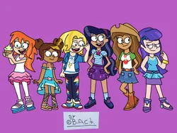 Size: 2048x1536 | Tagged: safe, artist:garybaldor, derpibooru import, human, equestria girls, g4, applejack's hat, barbara gordon, batgirl, bumblebee (dc comics), clothes, costume, cowboy hat, crossover, cupcake, dc comics, dc superhero girls, diana prince, equestria girls outfit, female, food, green lantern, group, hat, image, jessica cruz, jpeg, kara danvers, kara zor-el, karen beecher, pink background, signature, simple background, supergirl, wonder woman, zatanna, zee zatara