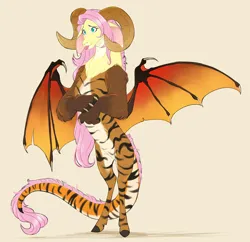 Size: 4450x4314 | Tagged: safe, artist:chub-wub, derpibooru import, part of a set, fluttershy, draconequus, g4, arm fluff, brown hooves, chest fluff, claws, coat markings, colored claws, colored hooves, colored horns, colored legs, colored paw pads, colored pinnae, colored wings, draconequified, facial markings, floppy ears, flutterequus, gradient horns, gray background, hooves, horns, image, jpeg, leg stripes, legs, leonine tail, long ears, long hair, mismatched legs, multicolored fur, multicolored tail, multicolored wings, pink hair, ram horns, shadow, shiny hair, shiny tail, shoulder fluff, simple background, slender, snip (coat marking), solo, species swap, standing, striped, stripes, tail, thin, tongue out, wing claws, wings