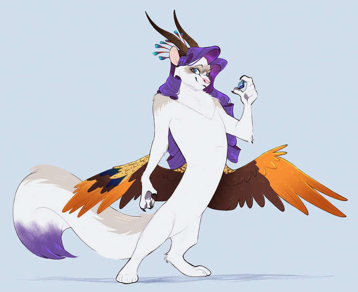 Size: 5104x4160 | Tagged: safe, artist:chub-wub, derpibooru import, part of a set, rarity, draconequus, g4, blue background, cat tail, colored claws, colored ears, colored horns, colored paw pads, colored pinnae, colored tailtip, colored wings, draconequified, facial markings, feline, holding, image, jpeg, leg fluff, long hair, long horns, multicolored wings, paws, purple hair, raised arm, ringlets, shadow, shiny hair, shoulder fluff, simple background, smiling, solo, species swap, spread wings, tail, white fur, wings