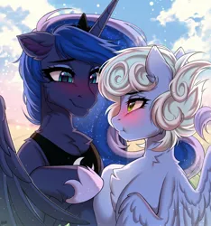 Size: 1920x2048 | Tagged: safe, artist:hakaina, ponerpics import, princess luna, oc, unofficial characters only, pony, female, image, jpeg, looking at each other, mare, smiling