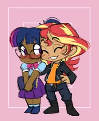 Size: 2496x3039 | Tagged: safe, artist:chub-wub, derpibooru import, sci-twi, sunset shimmer, twilight sparkle, human, g4, belt, blackwashing, blushing, book, boots, chibi, clothes, cute, dark skin, denim, duo, duo female, eyebrows, eyebrows visible through hair, eyes closed, female, glasses, grin, humanized, image, jacket, jeans, jpeg, leather, leather jacket, lesbian, pants, scitwishimmer, ship:sci-twishimmer, shipping, shirt, shoes, skirt, smiling, socks, sunsetsparkle, t-shirt