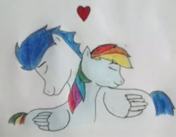 Size: 570x444 | Tagged: artist needed, source needed, safe, derpibooru import, rainbow dash, soarin', pegasus, pony, female, image, jpeg, male, mare, shipping, soarindash, stallion, straight, traditional art