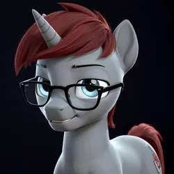 Size: 1024x1024 | Tagged: safe, ai content, artist:vesteffi, derpibooru import, oc, oc:astral chaser, pony, unicorn, black background, blue eyes, glasses, gray coat, horn, image, jpeg, maroon, maroon mane, simple background, smiling