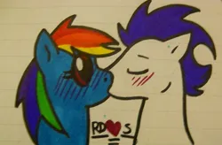 Size: 441x290 | Tagged: artist needed, source needed, safe, derpibooru import, rainbow dash, soarin', pegasus, pony, female, image, jpeg, kiss on the lips, kissing, male, mare, shipping, soarindash, stallion, straight, traditional art