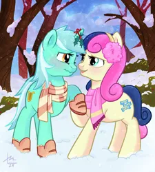 Size: 1797x2000 | Tagged: safe, artist:erieillustrates, derpibooru import, bon bon, lyra heartstrings, sweetie drops, earth pony, pony, unicorn, g4, background, clothes, commission, female, holly, holly mistaken for mistletoe, horn, image, jpeg, lesbian, lyrabon, mare, open mouth, open smile, outdoors, scarf, shipping, smiling, snow, snowfall, snowflake, winter, winter outfit