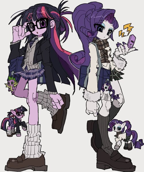 Size: 1787x2140 | Tagged: safe, artist:jwnn_, derpibooru import, rarity, spike, twilight sparkle, dragon, pony, unicorn, equestria girls, g4, alternate hairstyle, bag, clothes, cute, dragoness, duo, duo female, eyeshadow, female, flats, flip phone, fur coat, glasses, horn, image, jpeg, keychain, leg warmers, makeup, male, mare, nail polish, necktie, open mouth, phone, raribetes, scarf, shirt, shoes, simple background, skirt, socks, stockings, sweater vest, thigh highs, twiabetes, unicorn twilight, white background