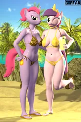 Size: 1437x2160 | Tagged: suggestive, artist:gradiusfanatic, derpibooru import, oc, oc:vanesa, oc:willomina, unofficial characters only, anthro, earth pony, unicorn, 3d, beach, bikini, clothes, earth pony oc, female, horn, image, png, princess oc, source filmmaker, swimsuit, unicorn oc