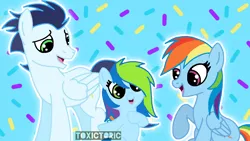 Size: 1246x701 | Tagged: safe, artist:toxictoric, derpibooru import, rainbow dash, soarin', pegasus, pony, female, filly, foal, image, male, mare, offspring, parent:rainbow dash, parent:soarin', parents:soarindash, png, shipping, soarindash, stallion, straight