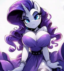 Size: 916x1022 | Tagged: suggestive, ai content, derpibooru import, machine learning generated, prompter:glimmy-glam, rarity, anthro, unicorn, annoyed, belt, big breasts, blushing, breasts, cleavage, clothes, curvy, dress, evening dress, evening gloves, female, generator:bing image creator, generator:dall-e 3, gloves, horn, hourglass figure, image, jewelry, jpeg, long gloves, looking at you, necklace, pearl, side slit, simple background, socks, solo, solo female, stockings, thigh highs, thighs, white background