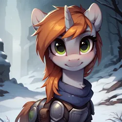 Size: 1024x1024 | Tagged: safe, ai content, derpibooru import, machine learning generated, stable diffusion, oc, oc:littlepip, pony, unicorn, fallout equestria, armor, blushing, ear blush, female, female oc, generator:pony diffusion v6 xl, horn, image, looking at you, mare, mare oc, outdoors, png, prompter:teonanakatle, smiling, smiling at you, snow, solo, tree, unicorn oc, winter