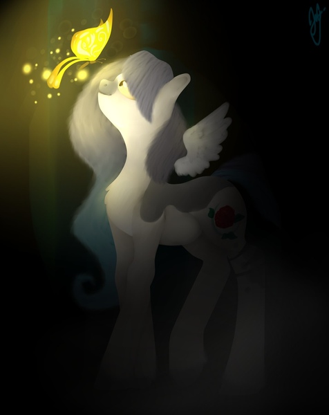 Size: 1190x1500 | Tagged: safe, artist:dorry, derpibooru import, oc, unofficial characters only, pony, chest fluff, coat markings, facial markings, female, female oc, floating wings, glow, image, jpeg, long legs, looking at someone, looking up, mare, mare oc, old art, side view, signature, snip (coat marking), solo, wings