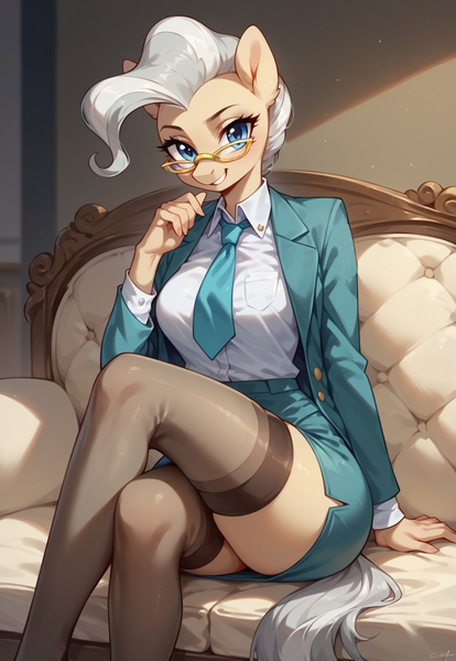 Size: 1280x1856 | Tagged: suggestive, ai content, derpibooru import, machine learning generated, prompter:cherrysalo, stable diffusion, mayor mare, anthro, earth pony, g4, blue eyes, breasts, busty mayor mare, clothes, couch, crossed legs, female, glasses, image, indoors, jacket, looking at you, milf, necktie, office, office lady, png, shirt, sitting, skirt, skirt suit, smiling, socks, solo, solo female, stockings, suit, tail, thigh highs, upskirt