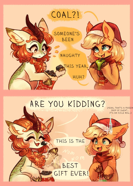 Size: 2046x2855 | Tagged: safe, artist:polnocnykot, derpibooru import, applejack, autumn blaze, earth pony, kirin, pony, g4, 2 panel comic, apple, awwtumn blaze, christmas, christmas stocking, clothes, coal, comic, cute, dialogue, duo, duo female, ear fluff, eating, emanata, eyes closed, female, food, freckles, happy, happy new year, hat, holiday, hooves, horn, icicle, image, jpeg, merry christmas, nom, open mouth, open smile, present, raised hoof, santa hat, scarf, shocked, shoulder fluff, shoulder freckles, smiling, sock, speech bubble, sweat, sweatdrop, talking, text, unshorn fetlocks, winter, winter outfit