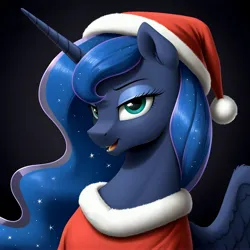 Size: 4096x4096 | Tagged: safe, ai content, artist:vesteffi, derpibooru import, princess luna, alicorn, pony, g4, season 1, winter wrap up, black background, blue eyes, christmas, hat, holiday, image, jpeg, my little pony, night, santa claus, santa hat, simple background, smiling, winter