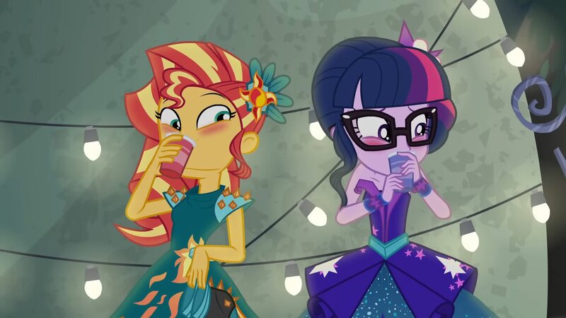 Size: 1916x1078 | Tagged: safe, derpibooru import, screencap, sci-twi, sunset shimmer, twilight sparkle, equestria girls, g4, blushing, clothes, dress, drink, drinking, image, jpeg, looking away, my little pony equestria girls: legend of everfree, shipping fuel