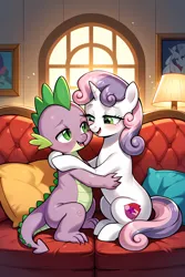 Size: 3072x4608 | Tagged: source needed, safe, ai content, derpibooru import, machine learning assisted, machine learning generated, prompter:the emissary, spike, sweetie belle, dragon, pony, unicorn, g4, chart, couch, female, horn, hug, image, lamp, male, pillow, png, shipping, spikebelle, straight, window