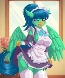 Size: 4000x4806 | Tagged: suggestive, artist:sharkita, derpibooru import, oc, oc:crystal rain, unofficial characters only, anthro, gryphon, blushing, breasts, clothes, garter belt, griffon oc, image, maid, one eye closed, png, sideboob, socks, stockings, thigh highs, wink