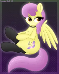 Size: 2988x3728 | Tagged: safe, artist:rainbowšpekgs, derpibooru import, parasol, pegasus, pony, g4, background pony, bedroom eyes, chest fluff, choker, clothes, cute, dressing, female, image, mare, png, sitting, socks, solo, spread wings, wings