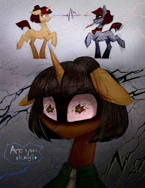 Size: 2335x3042 | Tagged: safe, alternate version, artist:jehr, derpibooru import, oc, oc:digamma, oc:disigma, unofficial characters only, android, earth pony, pony, robot, robot pony, unicorn, cupcakes hd, fanfic:cupcakes, bad dream, bad end, black and white, bobcut, bun hairstyle, clothes, cravat, crazy face, dancing, digitally colored, dream, duo, electricity, evil grin, eyelashes, faic, female, floppy ears, glow, glowing eyes, going crazy, gradient background, grayscale, grin, holding, horn, image, knife, looking at each other, looking at someone, looking at you, looking away, magic, mare, monochrome, mouth hold, necktie, paper, pencil drawing, png, raised hoof, red eyes, short hair, short tail, shrunken pupils, sketch, smiling, sparkles, standing, standing on two hooves, synth, tail, teeth, telekinesis, text, textured background, this will end in death, this will not end well, tongue out, traditional art, walking