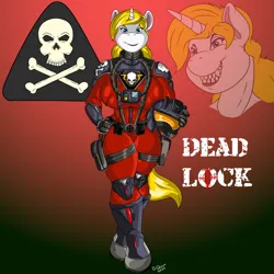 Size: 900x900 | Tagged: safe, artist:quicktron, derpibooru import, oc, oc:dead lock, unofficial characters only, anthro, unguligrade anthro, unicorn, action force, anthro oc, clothes, female, flight suit, g.i. joe, hand on hip, helmet, horn, image, png, red shadows, roboskull pilot, sharp teeth, signature, smiling, solo, teeth