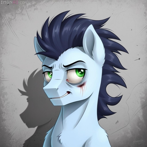 Size: 1080x1080 | Tagged: semi-grimdark, ai content, artist:vesteffi, derpibooru import, soarin', pegasus, g4, blood, crazy face, faic, image, insanity, jpeg, lacrimal caruncle, my little pony, scratches, sternocleidomastoid