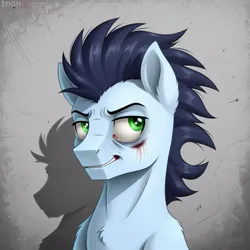 Size: 1080x1080 | Tagged: semi-grimdark, ai content, artist:vesteffi, derpibooru import, soarin', pegasus, g4, blood, crazy face, faic, image, insanity, jpeg, lacrimal caruncle, my little pony, scratches, sternocleidomastoid