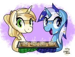 Size: 1733x1310 | Tagged: safe, artist:notadeliciouspotato, derpibooru import, minuette, sweet biscuit, pony, unicorn, g4, abstract background, baking sheet, batter, bust, cookie, duo, female, food, horn, image, looking at you, open mouth, open smile, oven mitts, png, signature, smiling, steam