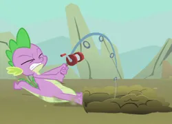 Size: 1000x720 | Tagged: safe, derpibooru import, edit, edited screencap, screencap, spike, dragon, a dog and pony show, g4, dragging, eyes closed, fishing rod, gritted teeth, image, jpeg, male, my little pony, pulling, solo, solo male, teeth, tug of war