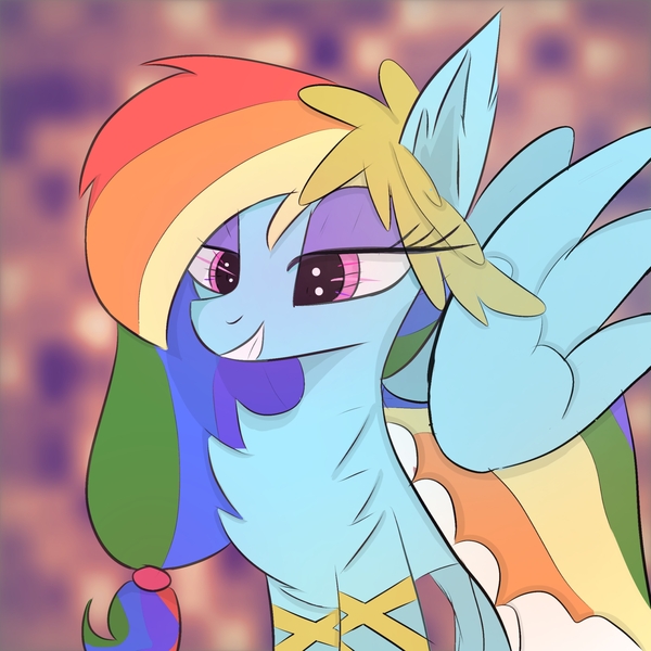 Size: 2048x2048 | Tagged: safe, artist:worny, derpibooru import, rainbow dash, pegasus, pony, g4, the best night ever, abstract background, bedroom eyes, chest fluff, clothes, cool, dress, ear fluff, elastic, eyelashes, eyeshadow, female, image, jpeg, lidded eyes, makeup, my little pony, pink eyes, purple eyeshadow, rainbow dress, simple background, smiling, solo, wreath