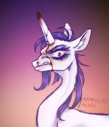 Size: 972x1132 | Tagged: semi-grimdark, artist:mammalian_alien, derpibooru import, rarity, pony, unicorn, alternate universe, blood, broken horn, dishevelled, eyeshadow, horn, image, infection au, makeup, messy mane, nosebleed, png, rage, snarling, solo, thin