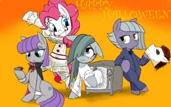 Size: 2048x1280 | Tagged: safe, artist:a.s.e, derpibooru import, limestone pie, marble pie, maud pie, pinkie pie, earth pony, pony, undead, vampire, g4, boulder (g4), clothes, costume, dracula, female, gradient background, halloween, halloween (movie), halloween costume, happy halloween, holiday, image, it, jpeg, mare, michael myers, pennywise, pie sisters, siblings, sisters, the ring, tv set