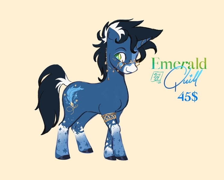 Size: 1440x1158 | Tagged: safe, artist:nightprince-art, derpibooru import, oc, oc:emerald quill, unofficial characters only, pony, unicorn, coat markings, facial markings, glasses, glasses chain, horn, image, jpeg, leg band, male, mealy mouth (coat marking), simple background, socks (coat marking), solo, stallion, yellow background