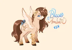 Size: 2048x1430 | Tagged: safe, artist:nightprince-art, derpibooru import, oc, oc:blue amber, unofficial characters only, alicorn, pony, bow, colored wings, colored wingtips, facial markings, female, freckles, image, laurel wreath, mare, mealy mouth (coat marking), name, png, simple background, smiling, solo, spread wings, tail, tail bow, wings, yellow background